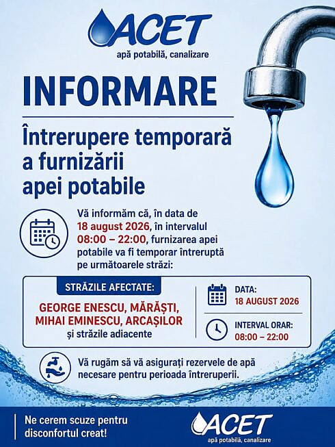 Furnizarea apei potabile va Fi suspendata temporar pe mai multe strazi din municipiul Suceava pe 18 august 2026