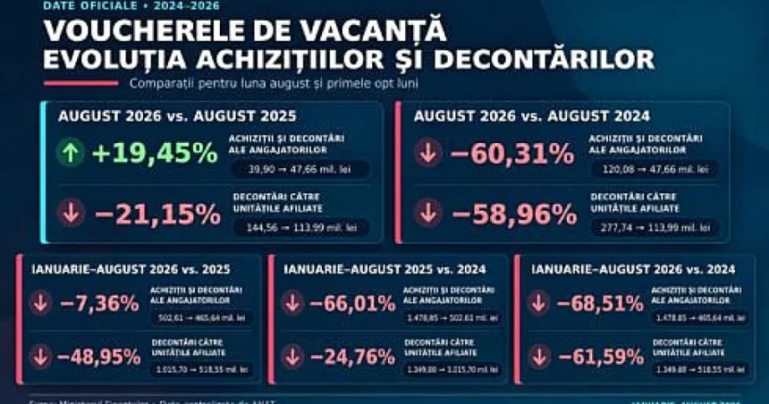 Decontările voucherelor de vacanță au scăzut cu aproape 49% în primele opt luni din 2026
