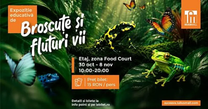 Expoziție educativă de fluturi vii și broscuțe tropicale, weekendul acesta la Iulius Mall